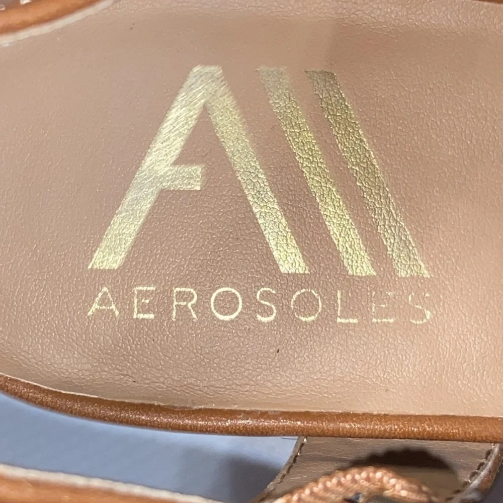 AEROSOLES Brown Leather Like Sandals with Ankle‎ Strap size 7.5 WEDGE ESPADRILLE
